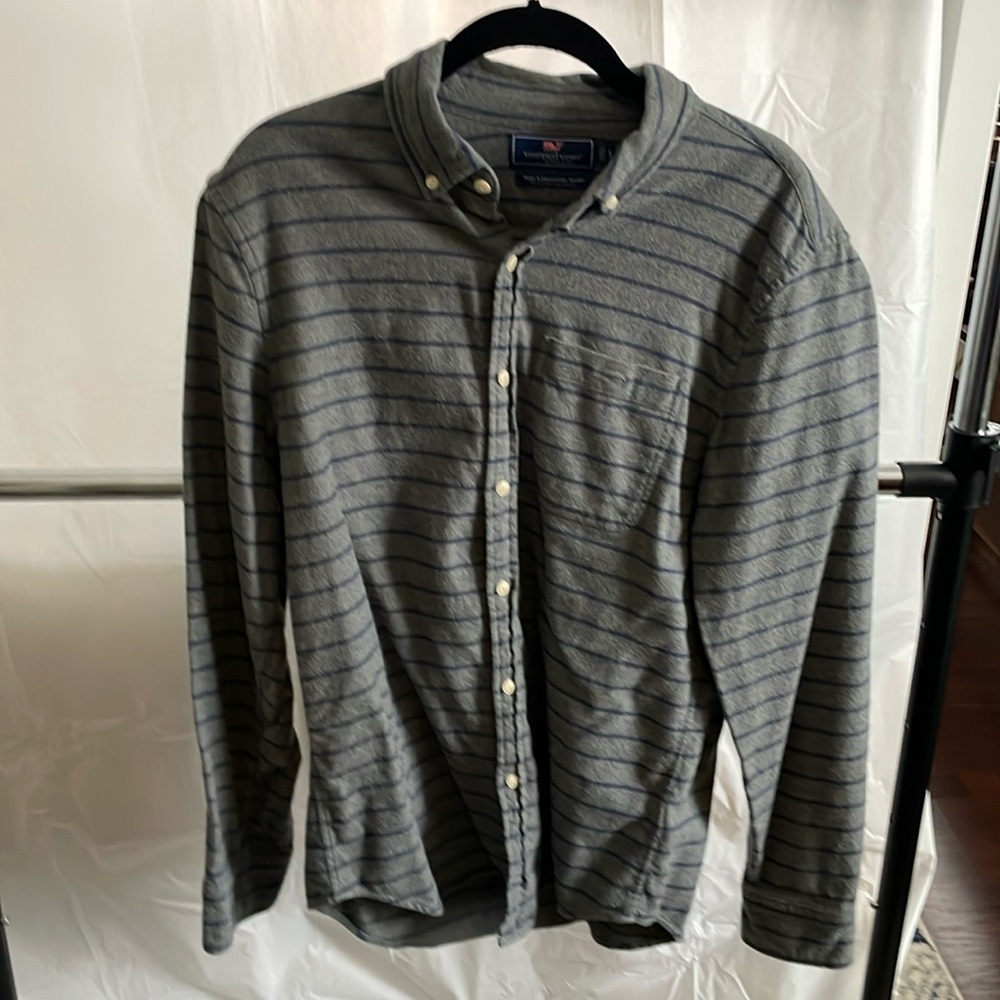 Grey and blue Vineyard Vines slim fit longshore shirt.